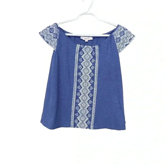 Ann Taylor LOFT summer blouse w embroidered cap sleeves and elasticized neckline - Picture 1 of 4